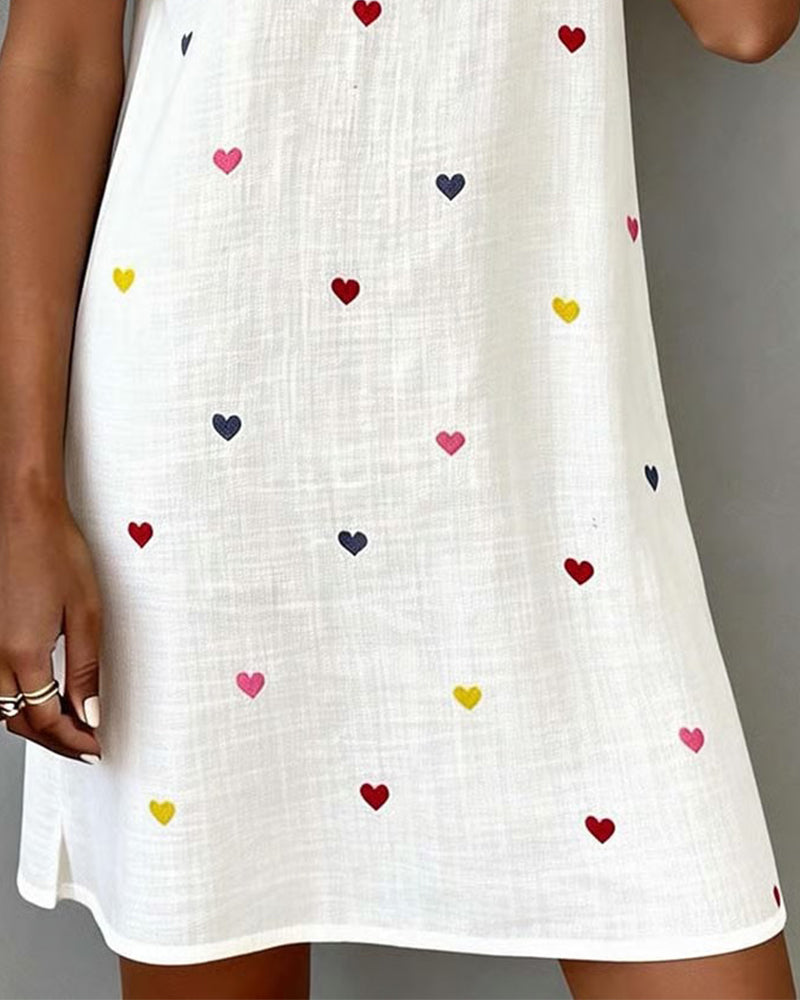 Vestido corto mujer algodón lino estampado corazones escote V manga abullonada