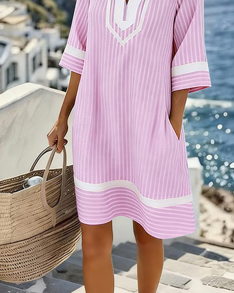 Vestido Mujer Rayas Cuello V – Estilo Fresco y Casual Verano