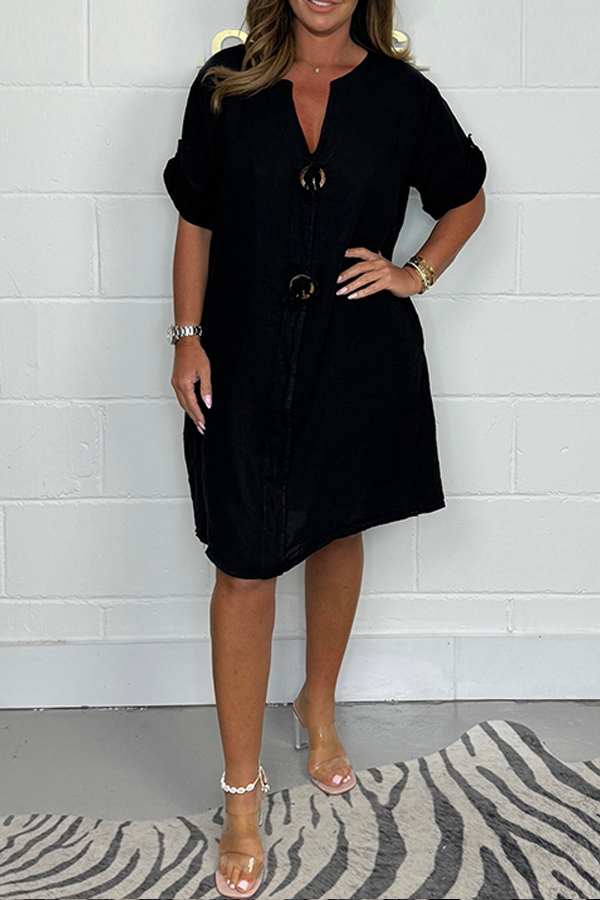 Vestido casual mujer de lino con mangas enrolladas