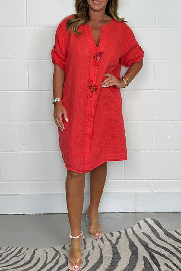 Vestido casual mujer de lino con mangas enrolladas