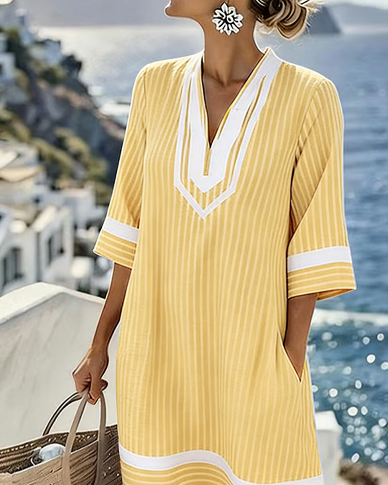 Vestido Mujer Rayas Cuello V – Estilo Fresco y Casual Verano