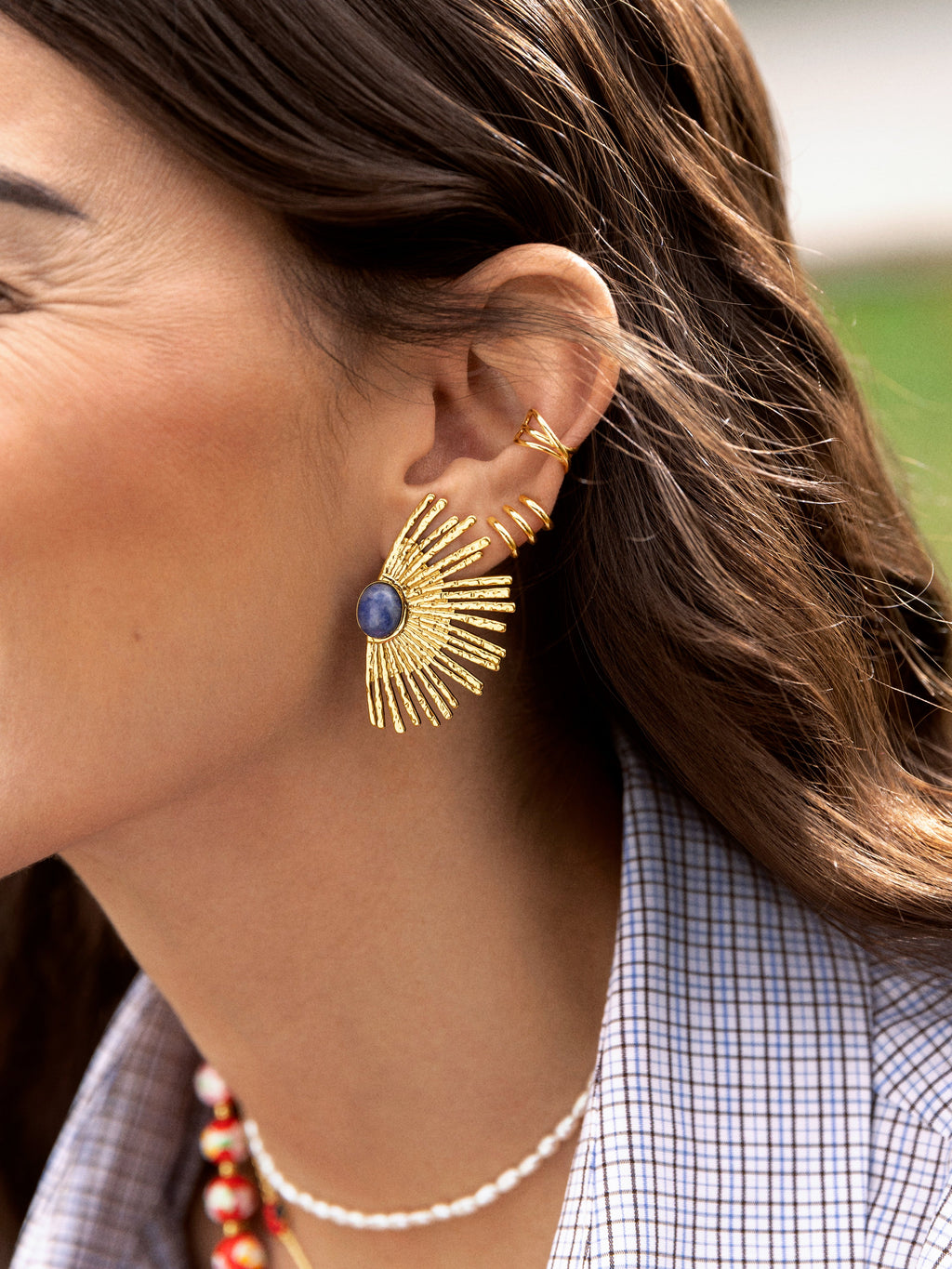 Pendientes Sunbeam Azul Acero Baño Oro