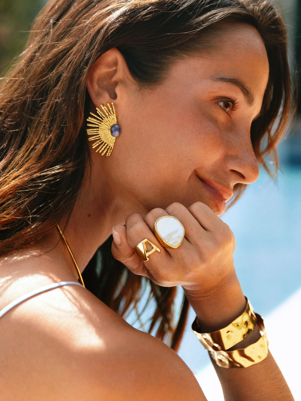 Pendientes Sunbeam Azul Acero Baño Oro