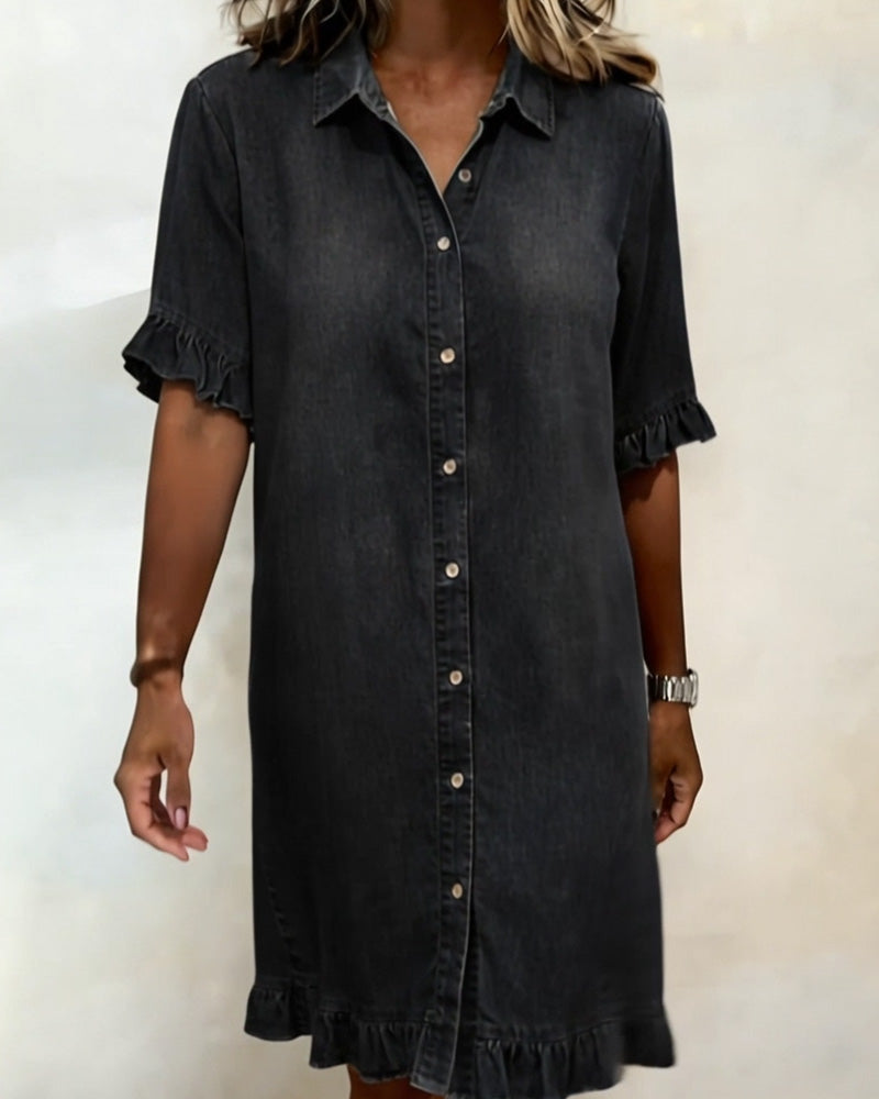Vestido Denim Mujer con Botones y Volantes – Estilo Casual Cómodo