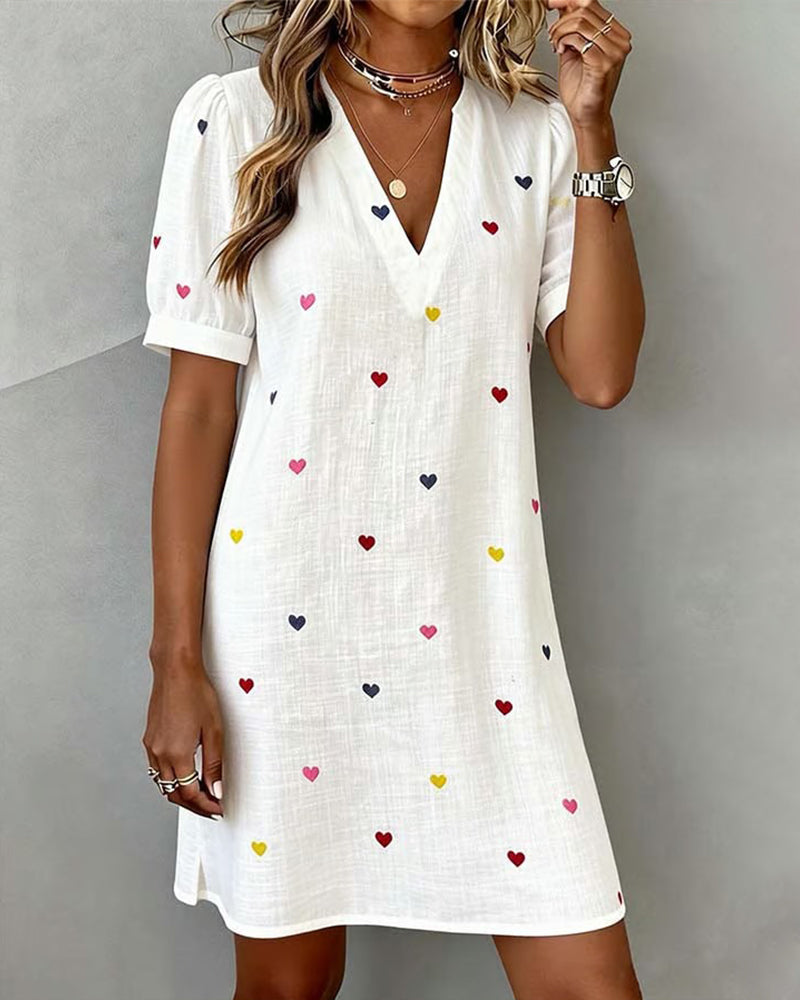 Vestido corto mujer algodón lino estampado corazones escote V manga abullonada
