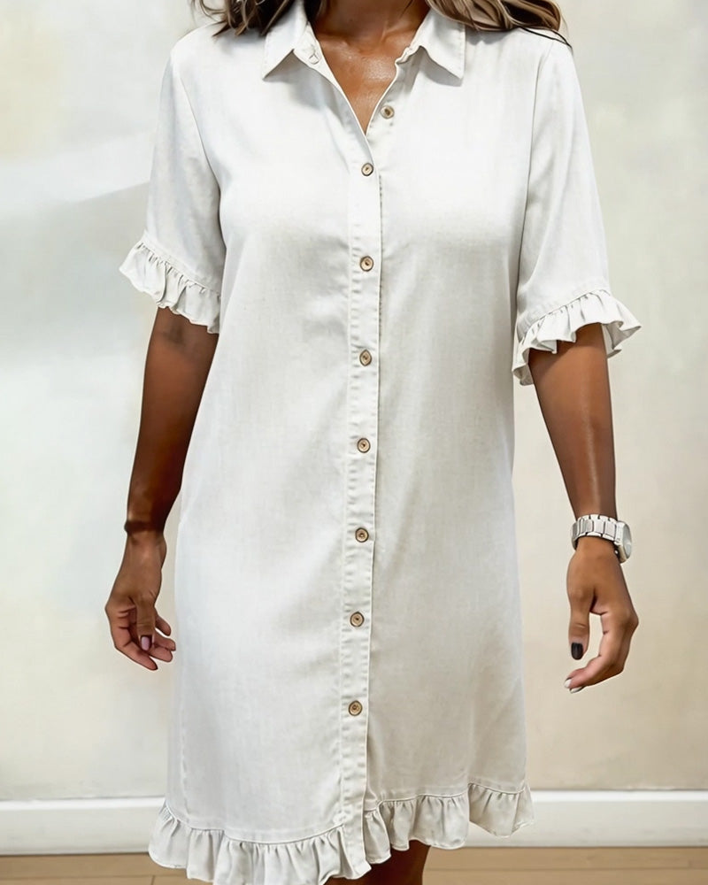 Vestido Denim Mujer con Botones y Volantes – Estilo Casual Cómodo