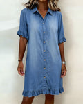 Vestido Denim Mujer con Botones y Volantes – Estilo Casual Cómodo