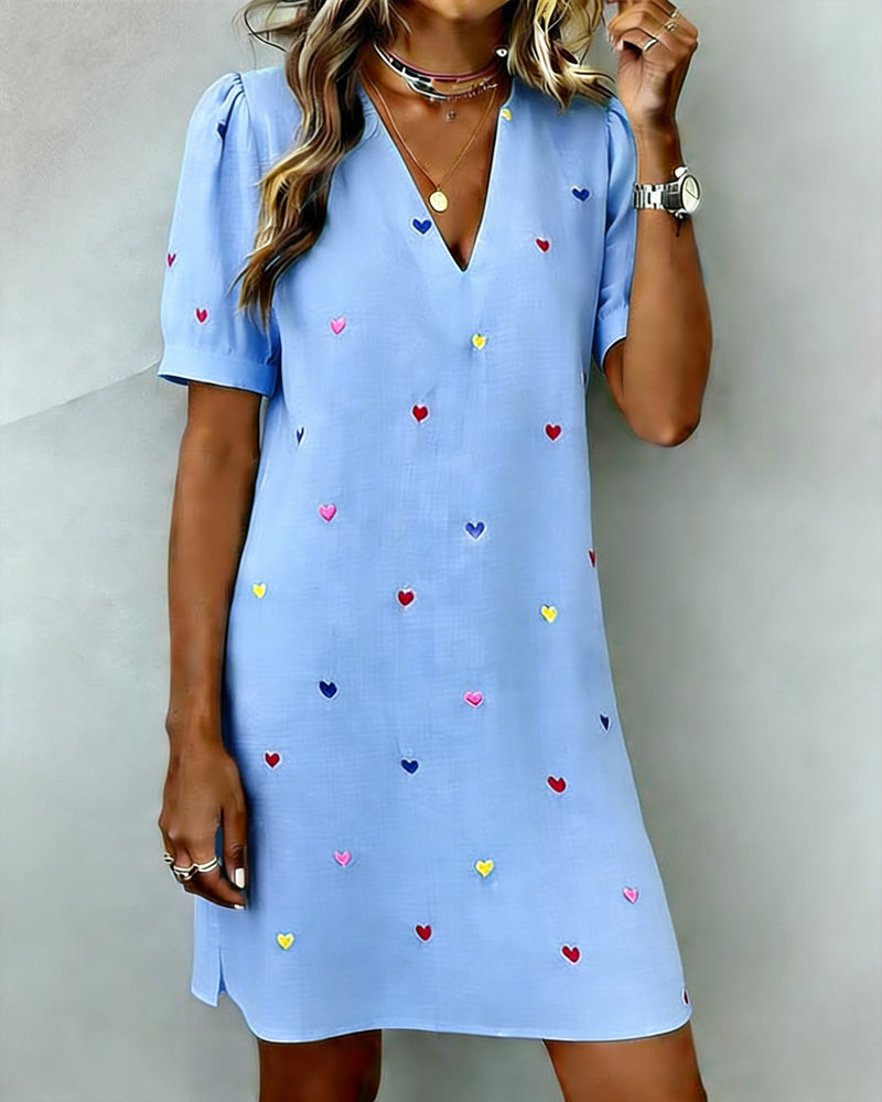 Vestido corto mujer algodón lino estampado corazones escote V manga abullonada