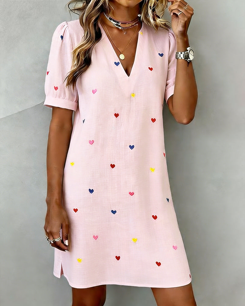 Vestido corto mujer algodón lino estampado corazones escote V manga abullonada