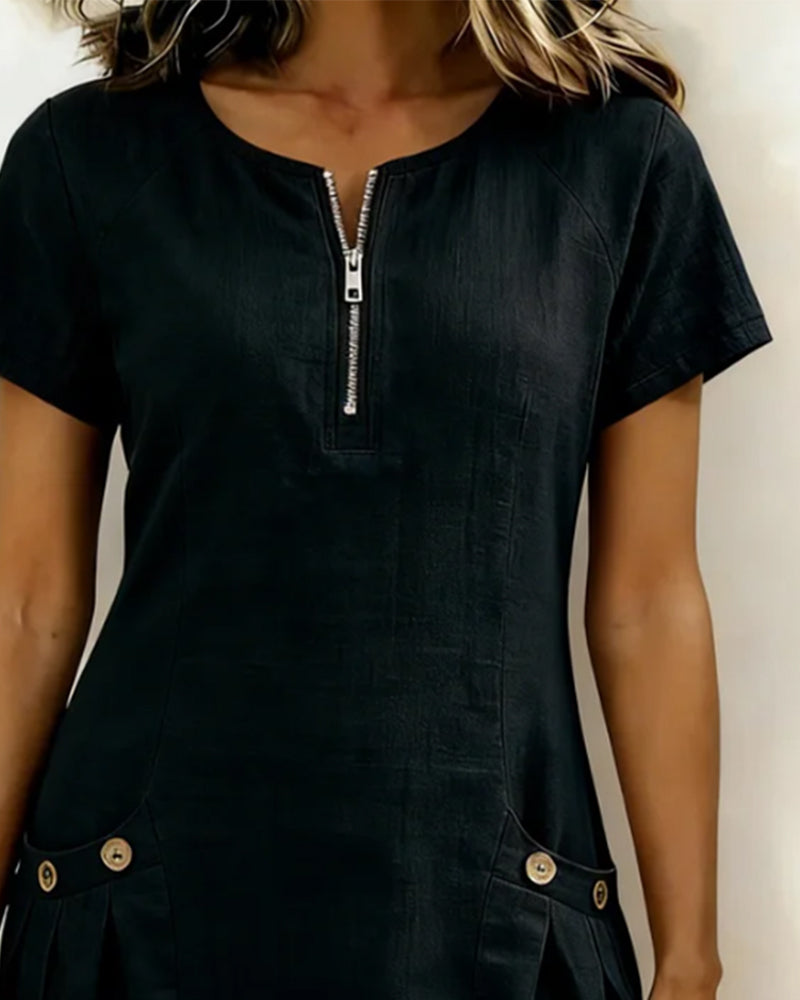 Vestido corto mujer con bolsillos y cuello con cremallera