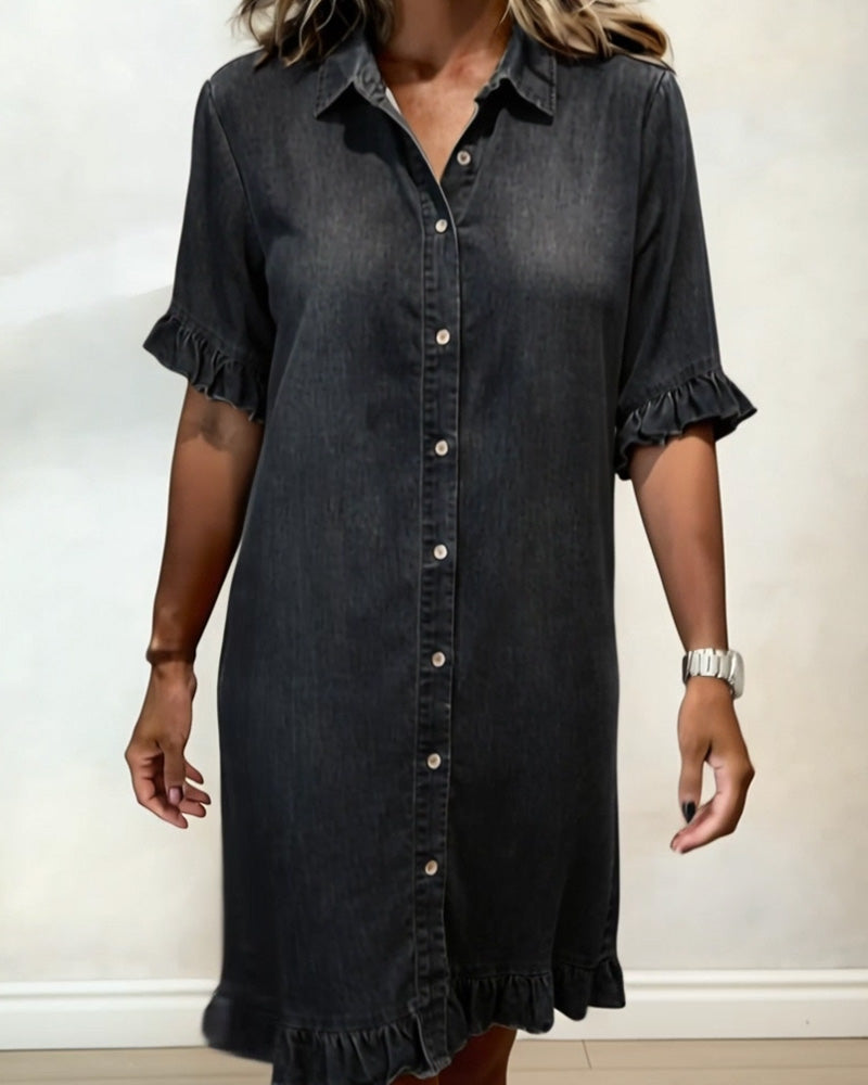 Vestido Denim Mujer con Botones y Volantes – Estilo Casual Cómodo