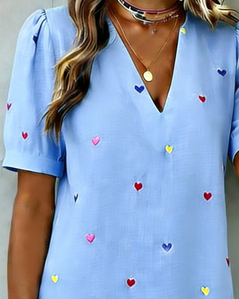 Vestido corto mujer algodón lino estampado corazones escote V manga abullonada
