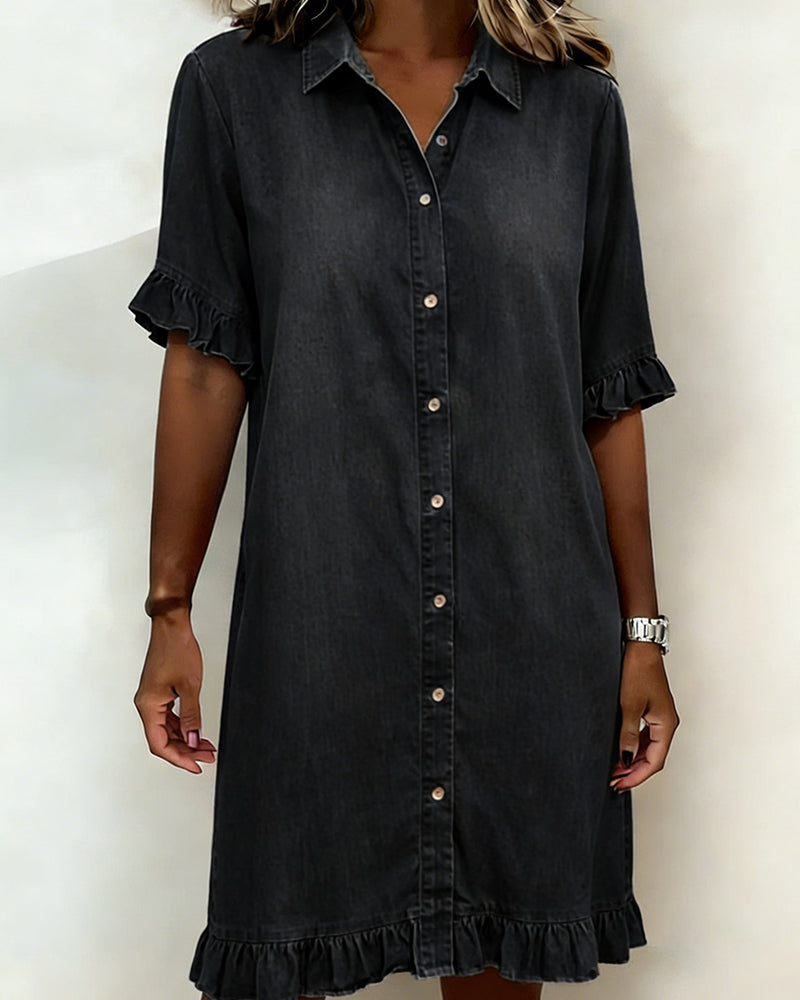 Vestido Denim Mujer con Botones y Volantes – Estilo Casual Cómodo