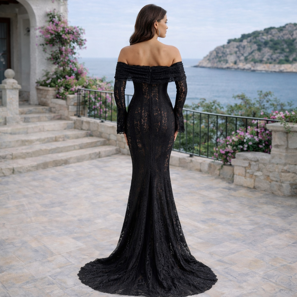Vestido Alessandra™ | Encaje negro y hombros al descubierto