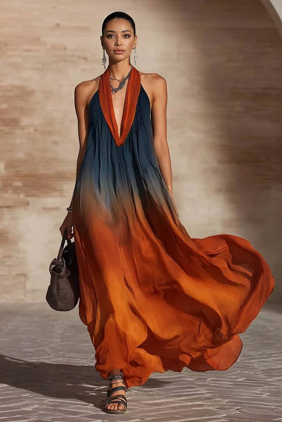 Paula™ | Vestido largo degradado con cuello halter y escote en V