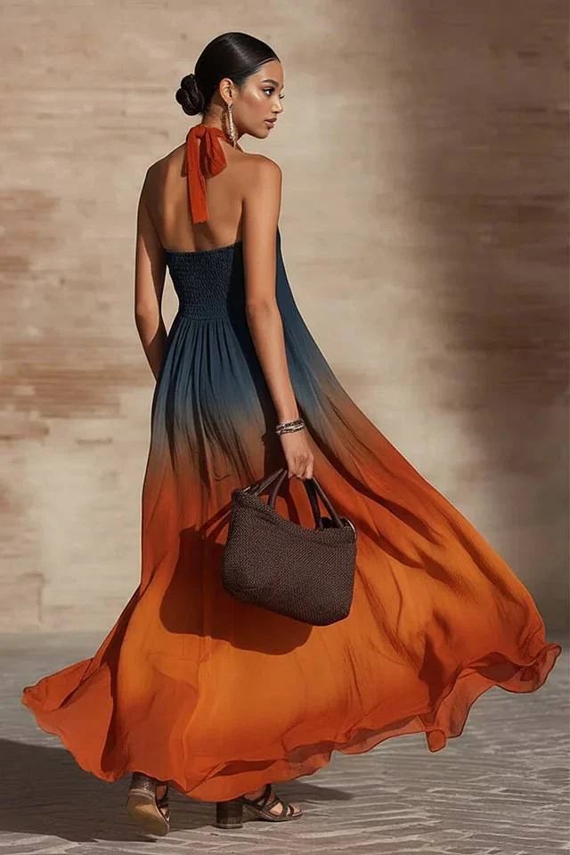 Paula™ | Vestido largo degradado con cuello halter y escote en V