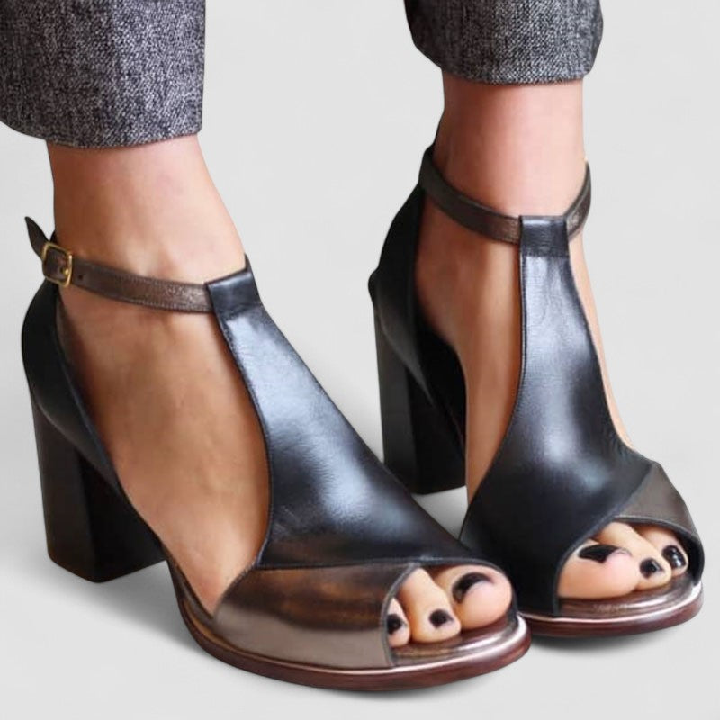 Blanca™ - Sandalias negras de tacón alto con puntera abierta en patchwork