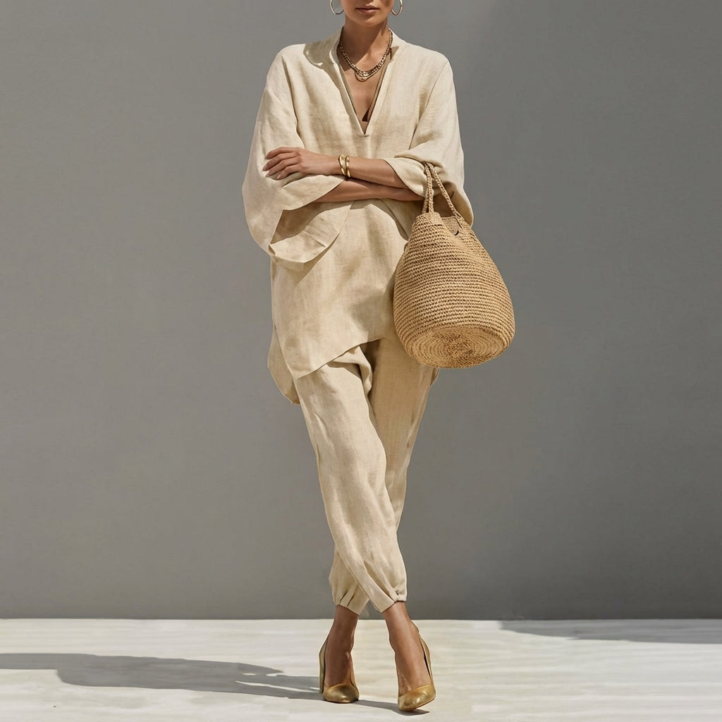 Conjunto Marina™ | Conjunto de lino con mangas murciélago y pantalón ancho