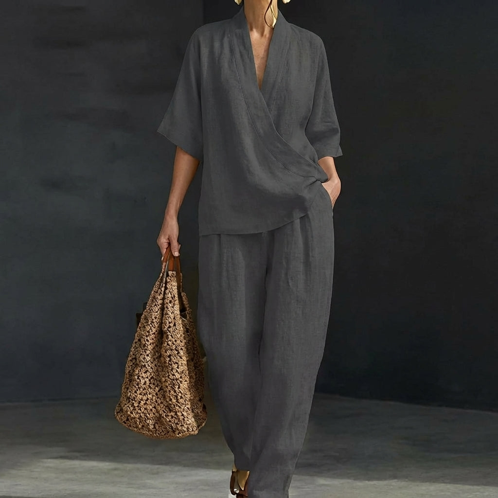 Conjunto Dolores™ | Conjunto de lino con mangas murciélago y pantalón ancho