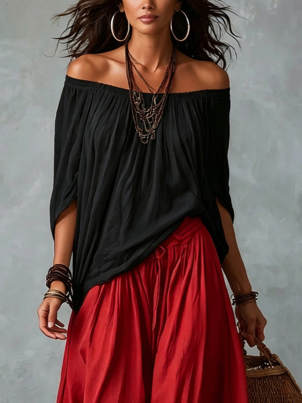 Conjunto Amara™ | Blusa Bardot Negra y Pantalón Lanterne Rojo