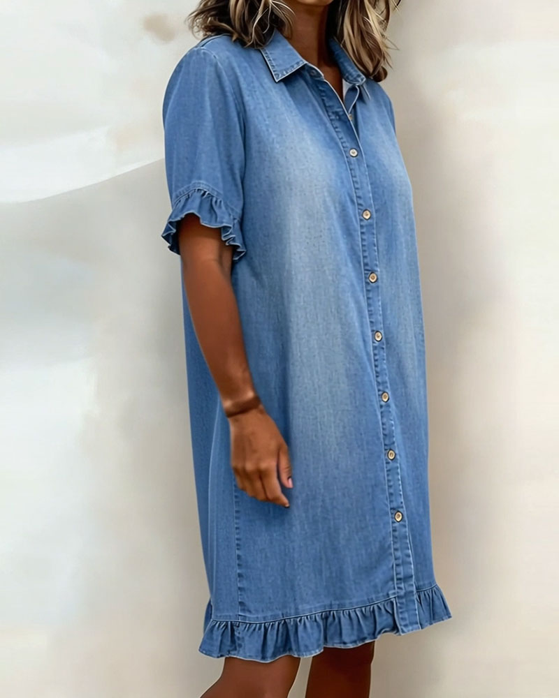 Vestido Denim Mujer con Botones y Volantes – Estilo Casual Cómodo