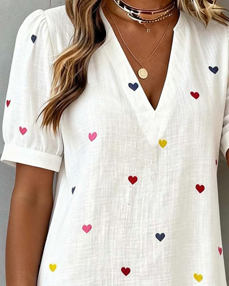 Vestido corto mujer algodón lino estampado corazones escote V manga abullonada
