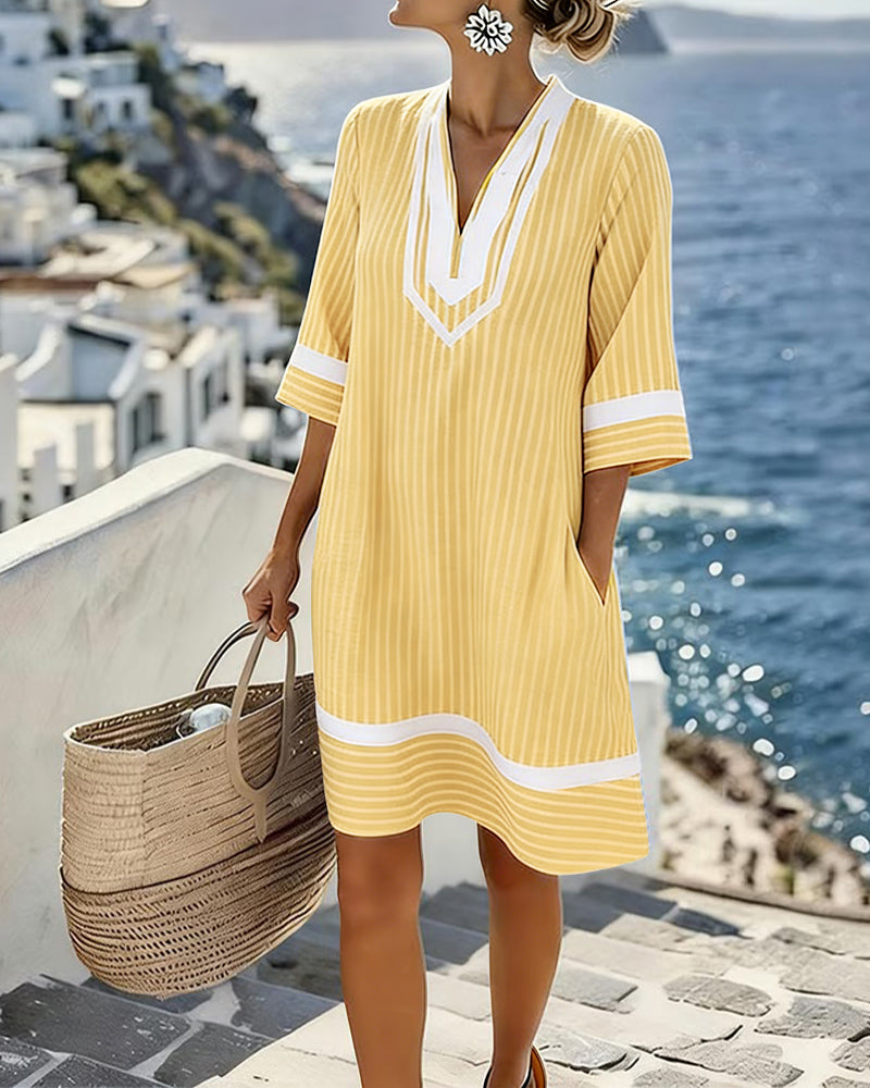 Vestido Mujer Rayas Cuello V – Estilo Fresco y Casual Verano