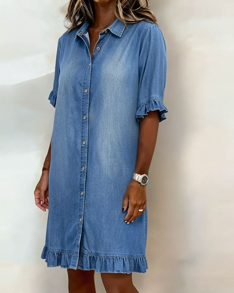 Vestido Denim Mujer con Botones y Volantes – Estilo Casual Cómodo