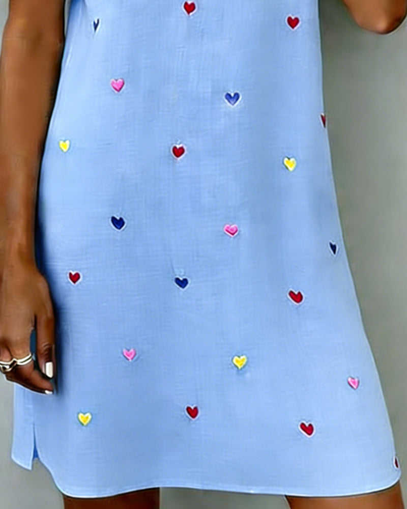 Vestido corto mujer algodón lino estampado corazones escote V manga abullonada