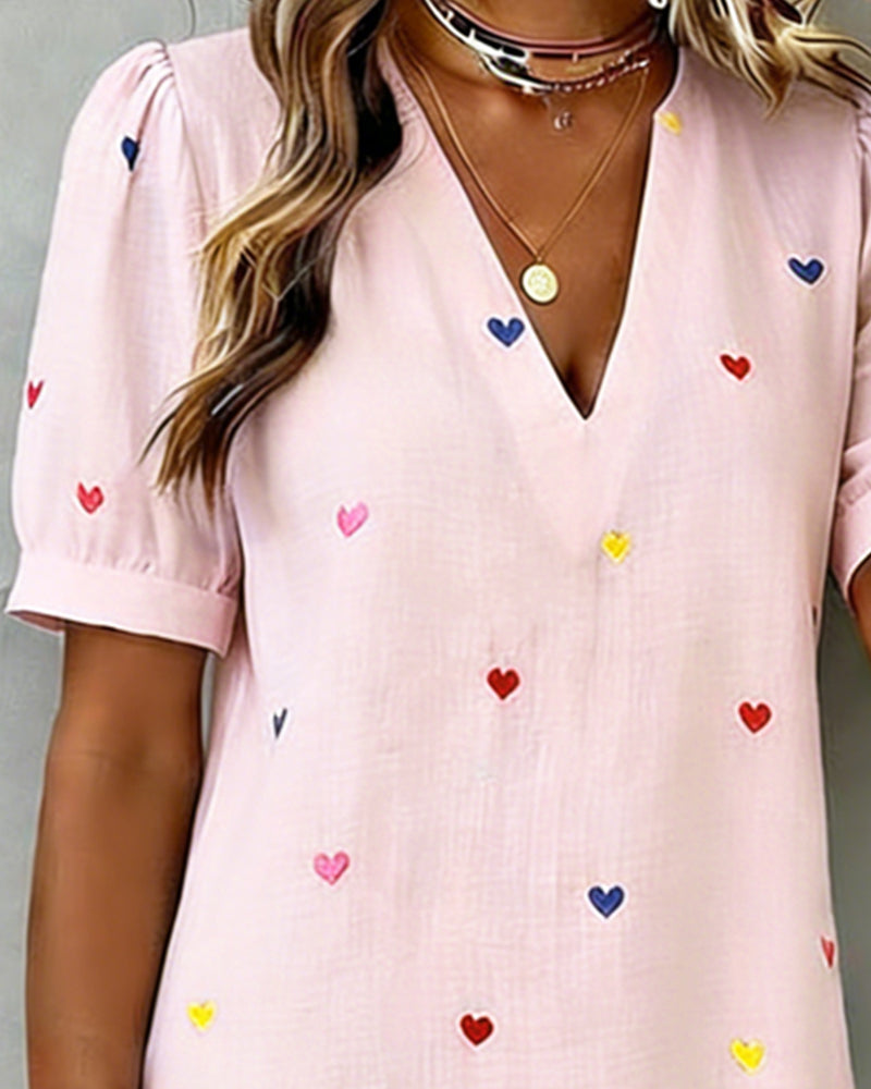 Vestido corto mujer algodón lino estampado corazones escote V manga abullonada