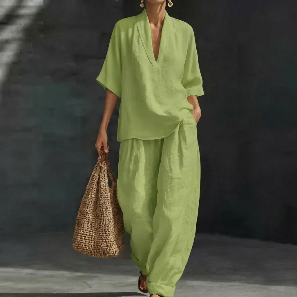 Conjunto Dolores™ | Conjunto de lino con mangas murciélago y pantalón ancho