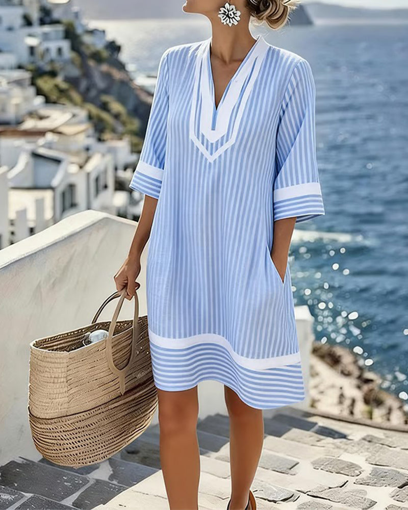 Vestido Mujer Rayas Cuello V – Estilo Fresco y Casual Verano