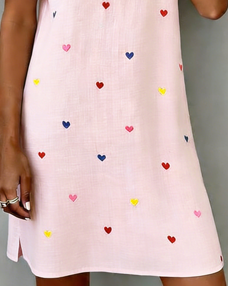 Vestido corto mujer algodón lino estampado corazones escote V manga abullonada