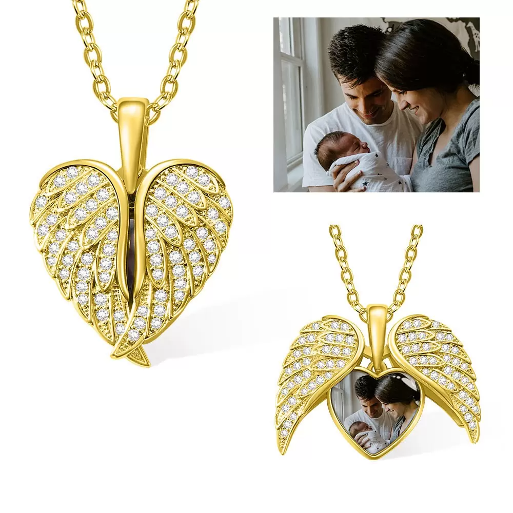 Collar corazón con foto y alas de ángel