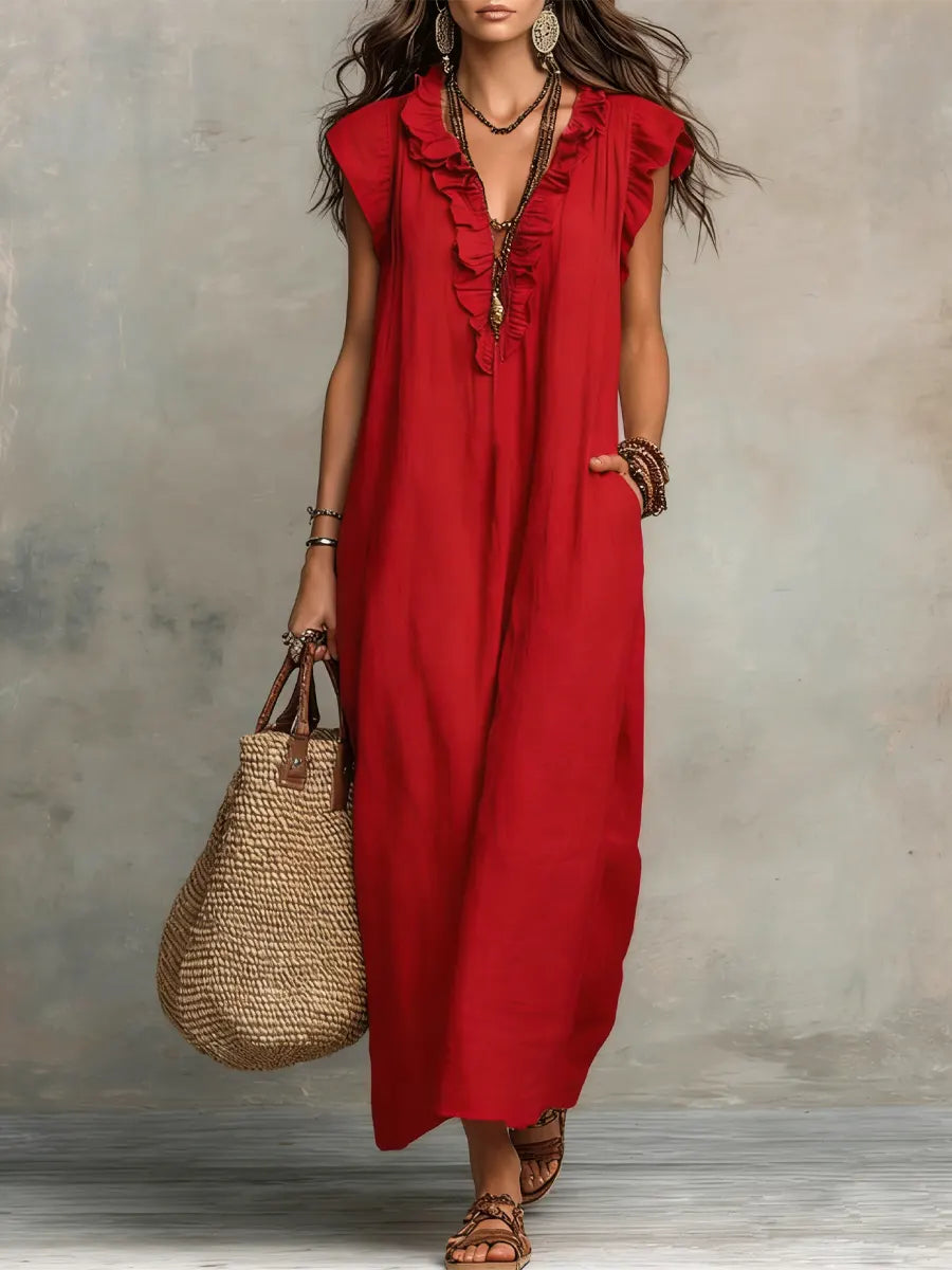 Vestido Alba™ | Diseño largo bohemio de lino y algodón con volantes