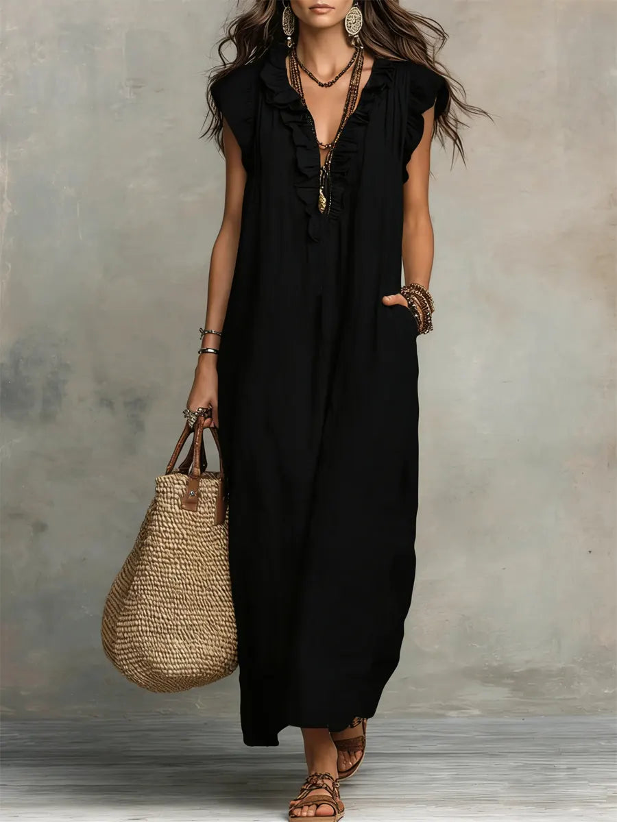 Vestido Alba™ | Diseño largo bohemio de lino y algodón con volantes