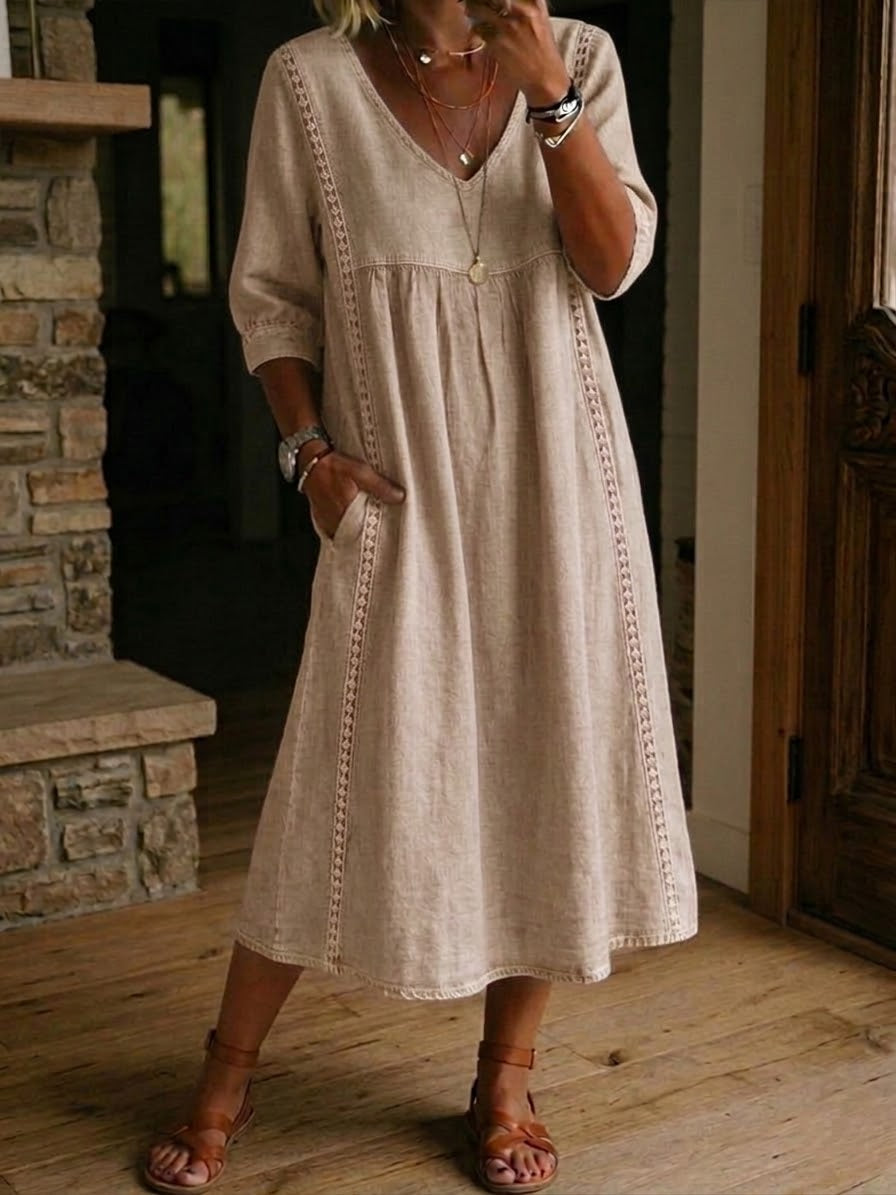 Vestido Alba™ | Maxi holgado de lino y algodón con encaje