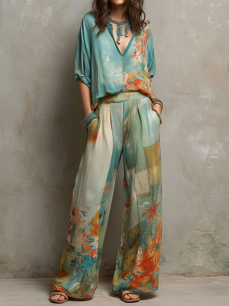 Conjunto Alana™ | Blusa fluida y pantalón palazzo floral