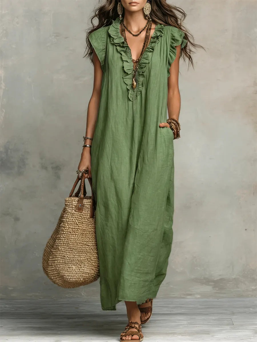 Vestido Alba™ | Diseño largo bohemio de lino y algodón con volantes