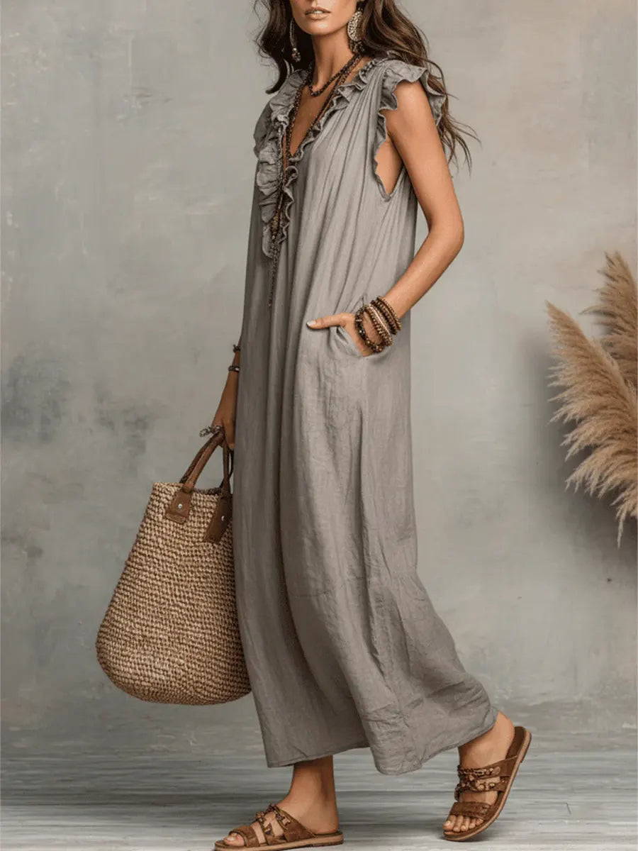 Vestido Alba™ | Diseño largo bohemio de lino y algodón con volantes