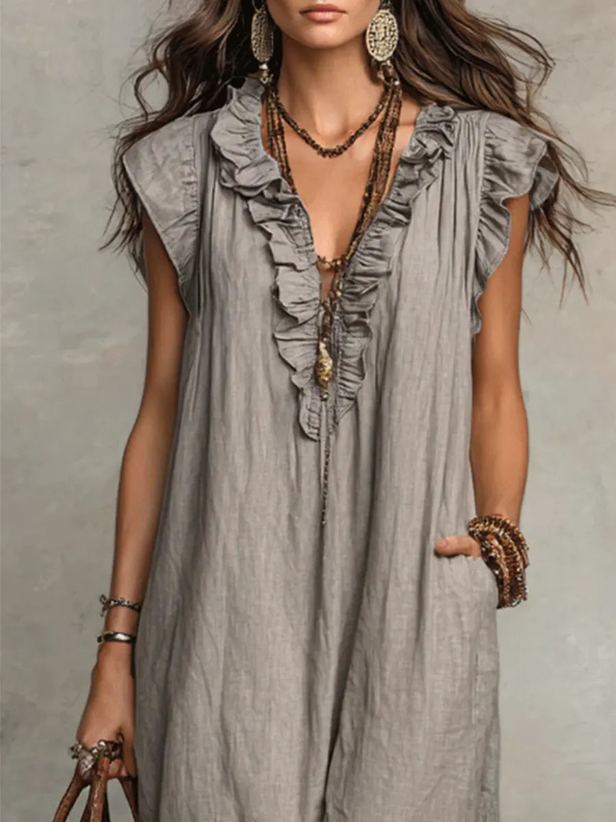 Vestido Alba™ | Diseño largo bohemio de lino y algodón con volantes
