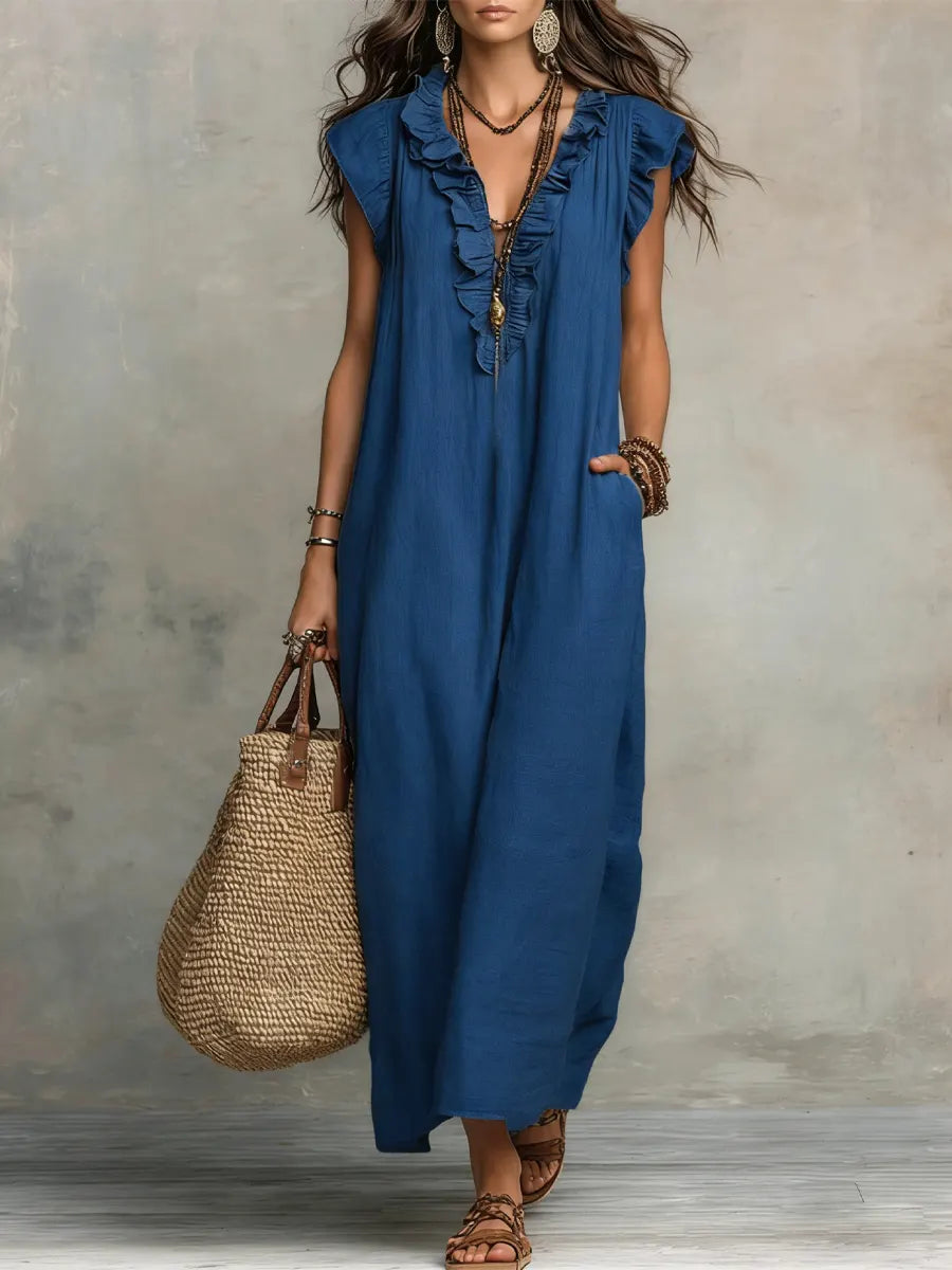 Vestido Alba™ | Diseño largo bohemio de lino y algodón con volantes
