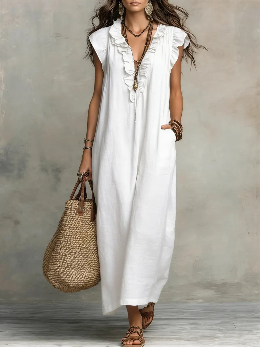 Vestido Alba™ | Diseño largo bohemio de lino y algodón con volantes