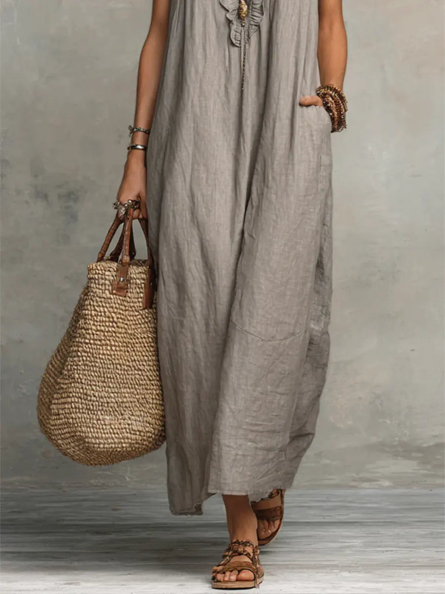 Vestido Alba™ | Diseño largo bohemio de lino y algodón con volantes
