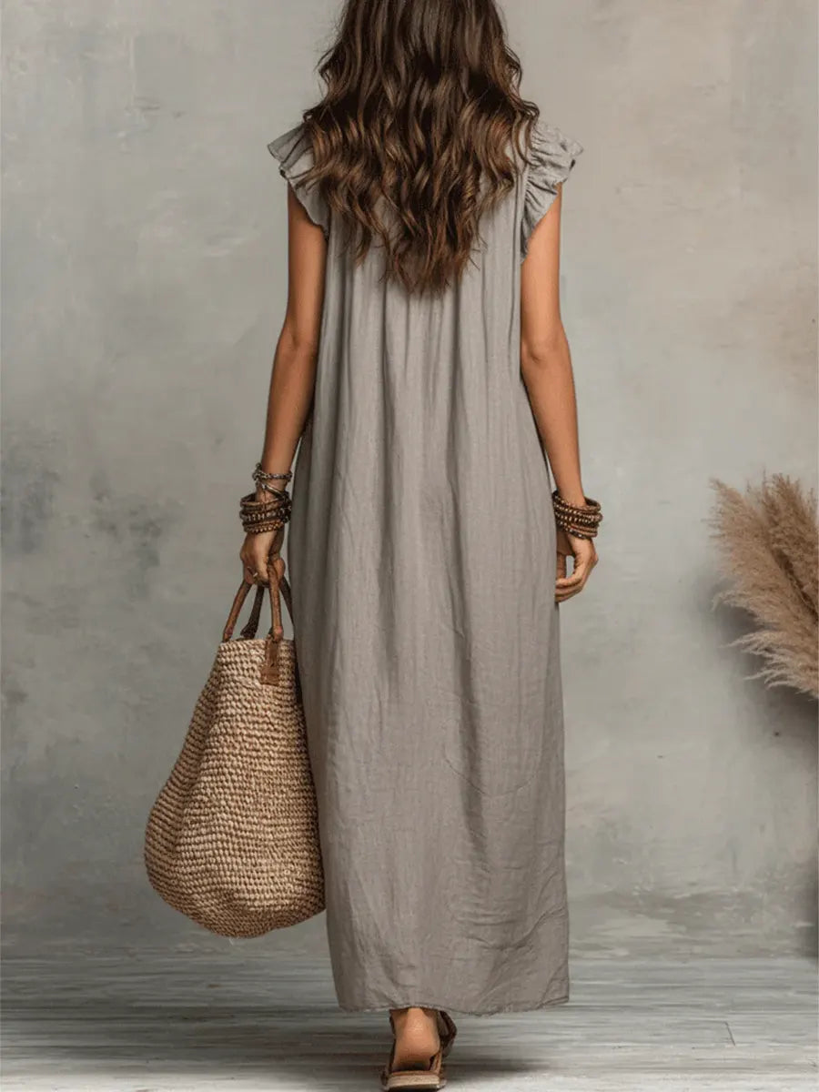 Vestido Alba™ | Diseño largo bohemio de lino y algodón con volantes